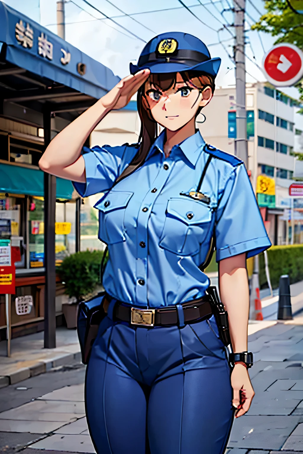 large breasts,police uniform, light blue shirt, blue pants, breast pocket, best quality, masterpiece,blue cap,black belt,policewoman,jp-police,brown hair