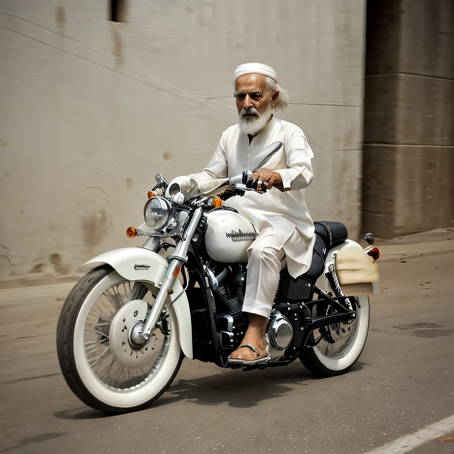 create a detailed picture a old man wearing white shalwar kameez riding a harley davidson