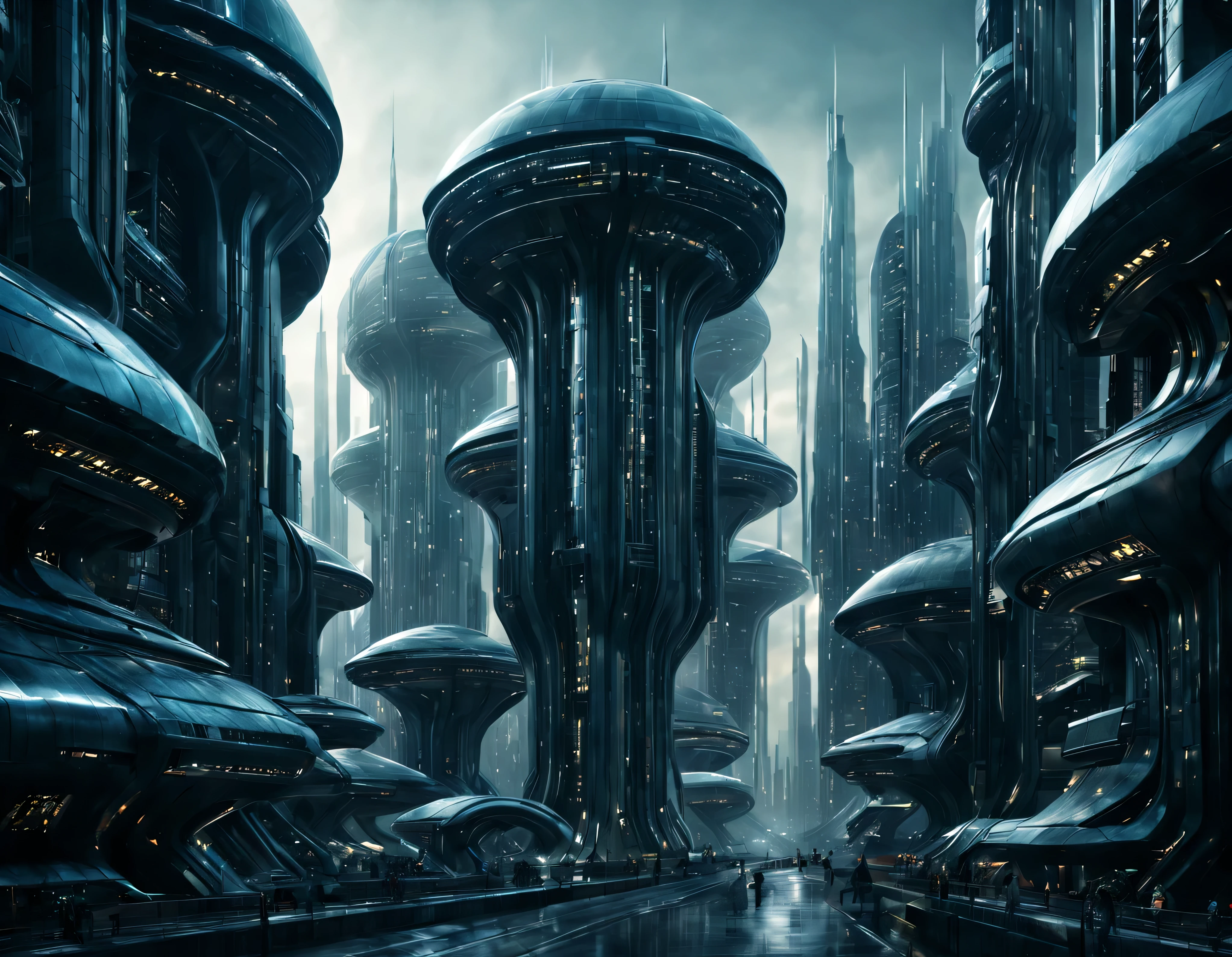 street of an extraterrestrial alien city with futuristic and technological architecture in its metal and glass buildings, some aliens walking around, ventanas iluminadas, all full of imagination, science fiction and (intrincados detalles de la maquina).imagen fotorrealista, Maximum sharpness, calidad 8k.(obra maestra de calidad superior). 3D.