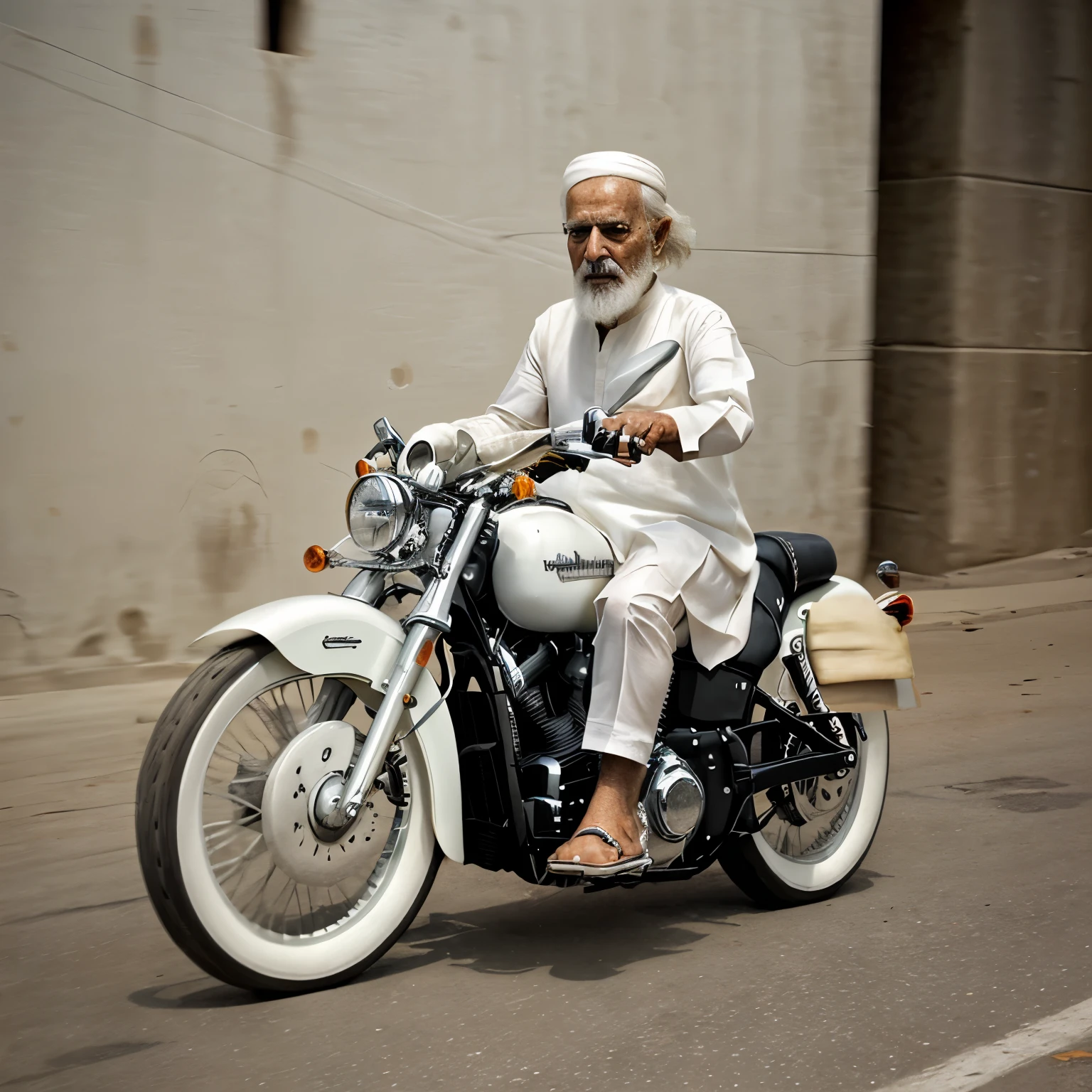 create a detailed picture a old man wearing white shalwar kameez riding a harley davidson
