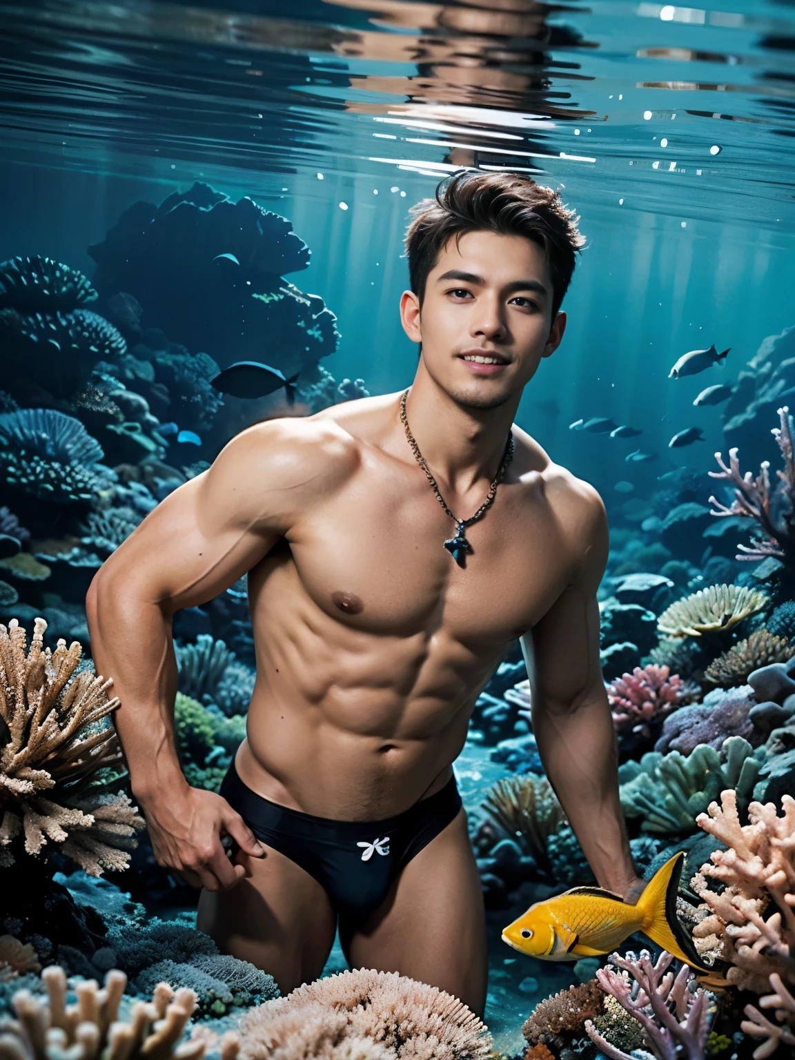 (Highest quality authentic textured skin),(abyssal), A muscular boy only wearing a small micro thong swims in the deep sea,alot of beautiful fishes around him, Delicate facial features,Burning bright and cold eyes,Sexy short beard,Strong body,Shirtless,Bronzed skin,musculous,(He had a mischievous smile on his face),brown hair,(Dramatic photo:1.4),(flamboyant photo),(Looking down),(A simple necklace hangs around his neck),(Hair flows in water),(Underwater, Marine life, Beautiful coral reef, Fish),(Vortices and tidal currents in the background),(Dramaticlight),(Magnificent scene),(Surrounded by beautiful fish),In the distant background is a temple submerged in a coral reef,the reef,Epic realism,Cinematic feeling,(high-density imaging review:1.5),(Soft color:1.2),Ultra detailed,Dramaticlight,(intricately details:1.1),the complex background,