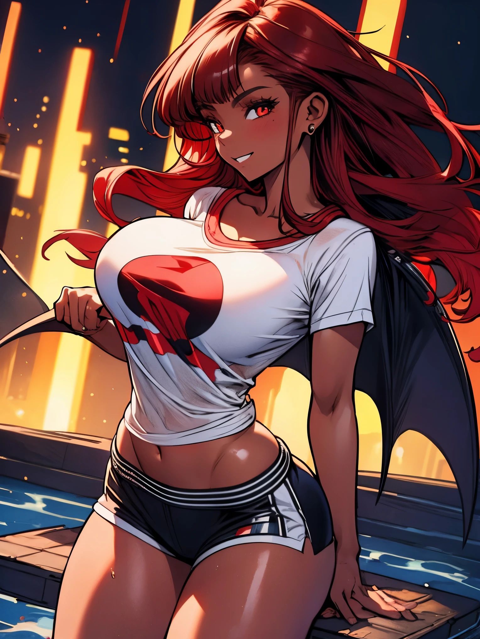 1girl, solo, best quality, 4k, masterpiece, best quality, demon, best quality, beautiful face with a smirk, dark brown skin, curvy, big breasts, big ass, red hair, wet white shirt partially open, short shorts
