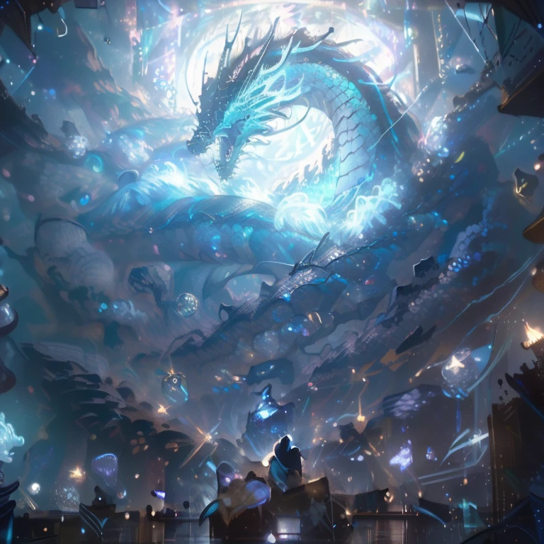 ((highest quality,8K，Unorganized resolution，16k, masterpiece: 1.3))A giant sea dragon that rules the ocean swims through a fantastic city hidden deep under the sea.，lighting like a pro，contrast of light and shadow，ultra wide angle，magnificent composition，divine fantastic，Depth of bounds written:1.2，A scene like an anime，precise，detailed