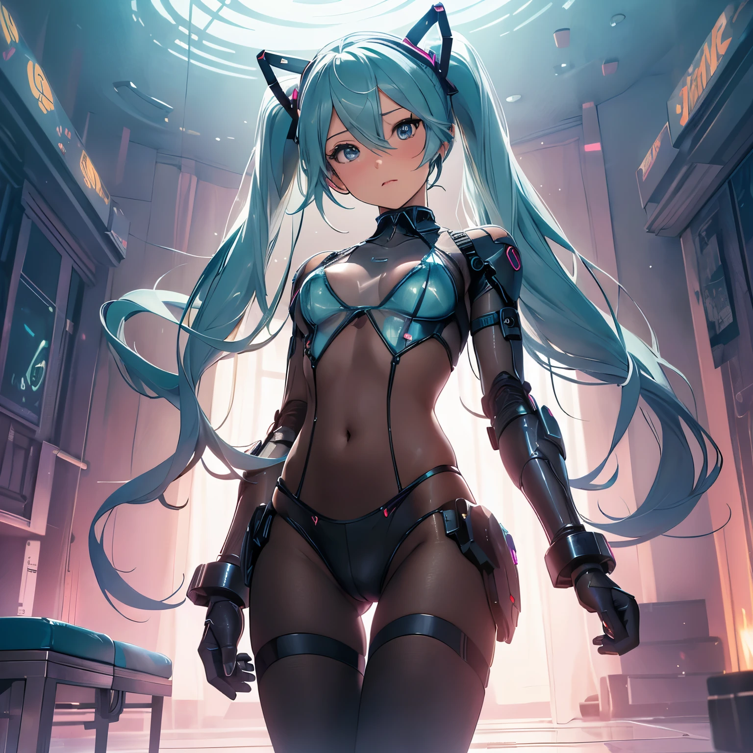 (quality)), ((masterpiece)), Recommended resultsluffly、(see through:1.5)、whole body 、Swollen nipples，straighten your back、huge bust、angle to floor:1.2、low camera angle、Hair loss on crotch、Whole body facing the camera，Hair can be seen on the crotch，Hatsune Miku，robot