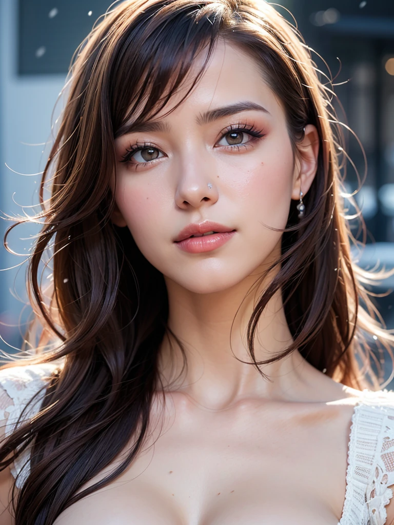 nsfw, Masterpiece, Best Quality, Illustration, Ultra-detailed, finely detail, Hight resolution, 8K Wallpaper, Perfect dynamic composition, cinematic lighting, portrait, looking at viewer, Beautiful detailed eyes, Sexy face, Perfect beautiful hands, Raw real photos, beautiful realistic face, beautiful face, perfect face, highly detailed beautiful face and eyes, attractive face, detailed face, delicate facial features, detailed skin, shiny skin, highly detailed background, BREAK, (gyaru makeup, lash extensions), full-face blush, smile, medium breasts, (public indecency:1.2), wind, (breath, sweat, steam, snow scene:1.2)
