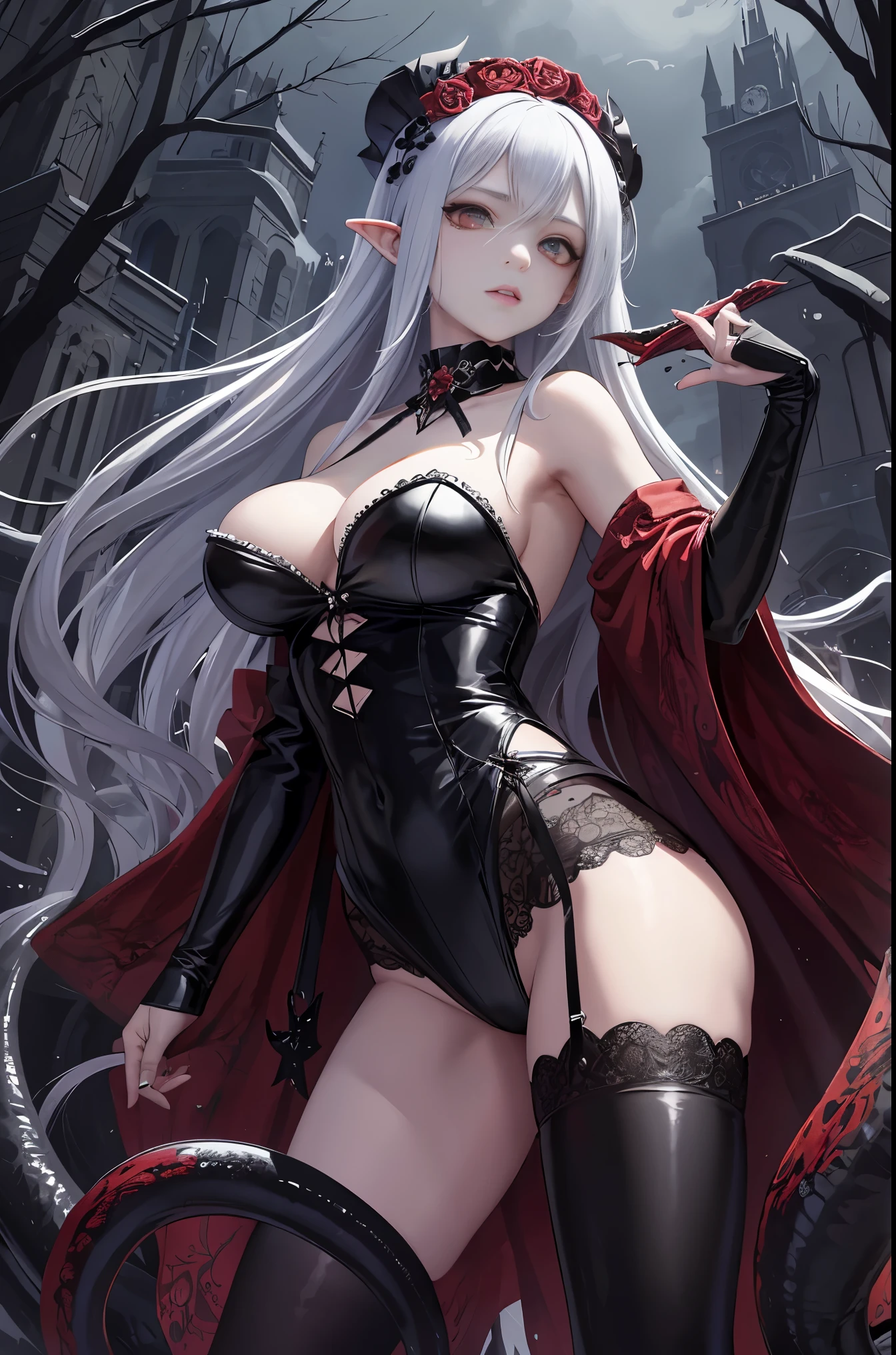 masterpiece, best quality, In winter, night, 4 But, girl, very long hair, There is blood on the face, big breasts, Gothic_Changeta, Change, Sadomasochism, wall, Zombified，Zombie Change and tentacles fuse，Zombie Queen，Black tentacles，Tentacles and legs，hot pants