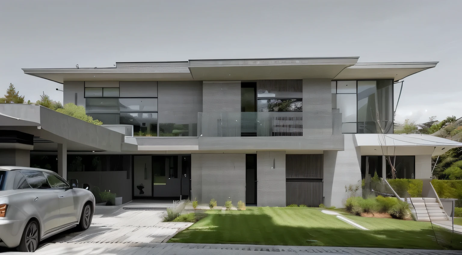 Color photo of a modern and simple gray Midcentury house.. The home exudes an air of luxury and sophistication with its sleek lines., Clean design, and a neutral color palette.. The exterior of the house is painted a beautiful gray., which complements the surrounding landscape perfectly. Large windows allow plenty of natural light to flow inside., Create a bright and airy atmosphere.. architectural details, such as a flat roof, angular shape, and minimalist gardening, Add contemporary beauty to the overall home.. This gray Midcentury home is a timeless masterpiece., Blends seamlessly with the environment.