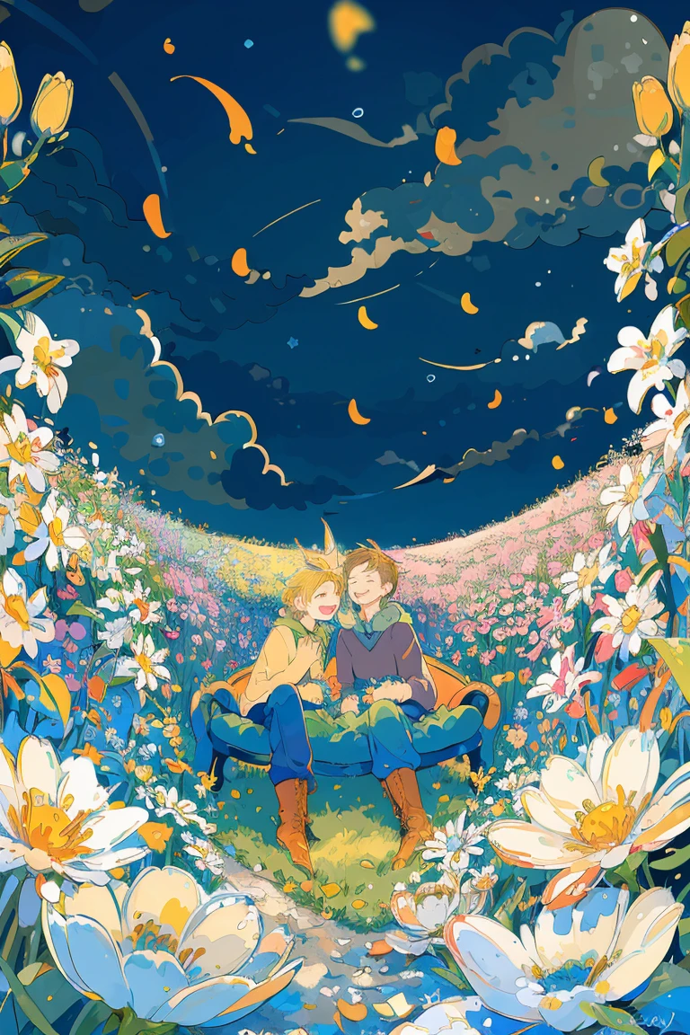 (masterpiece:1.2), best quality,PIXIV,fairy tale style,1 man with short blond hair sitting in a field of green plants and flowers, warm lighting, blurry foreground, happy

