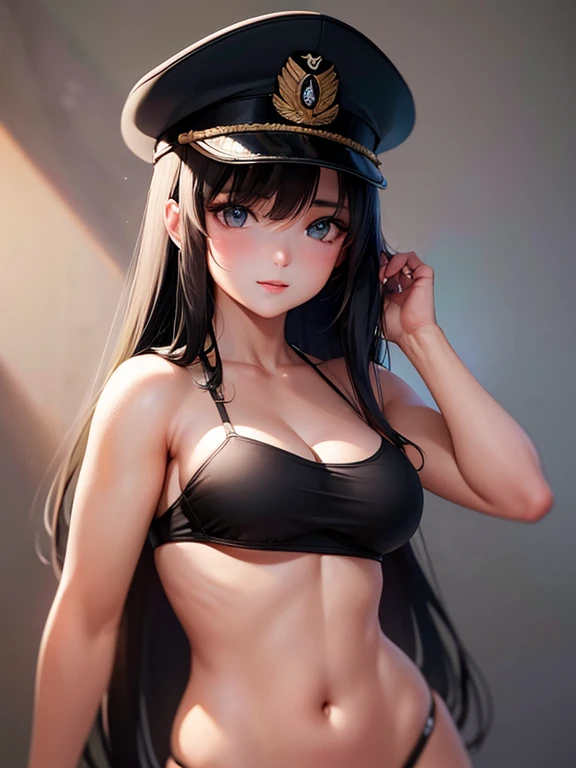 bikini, military cap, long black hair, breast
(best quality,4k,highres,masterpiece:1.2),ultra-detailed,realistic:1.37,pin-up,anime,soft lighting,subtle shadows,vibrant colors,
