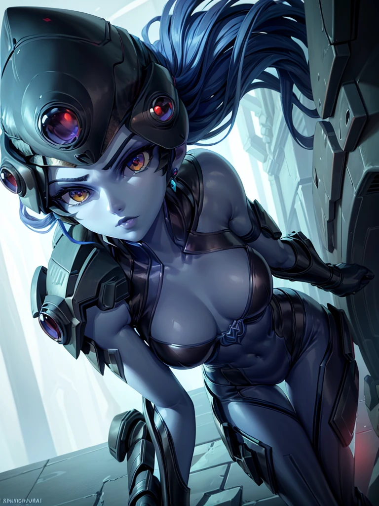 A girl with beautiful detailed eyes, beautiful detailed lips, and an extremely detailed face. 1girl. She is the widowmaker. Her gaze pierces the darkness. The striking contrast between her pale skin and her dark, flowing hair adds to her mysterious aura. She wears a tight-fitting, futuristic black suit that accentuates her graceful figure. The suit is adorned with blue accents that glow with a faint, ethereal light. Her stance is elegant yet poised, as if she is ready to strike at any moment. The background is a dimly lit room with a subtle blue ambiance, enhancing the air of intrigue and danger surrounding her. The image quality is set to (best quality, 4K, highres, masterpiece:1.2). The art style is sleek and stylized, giving it a unique and futuristic feel. The color palette is predominantly cool tones, with shades of blue and gray creating a brooding atmosphere. The lighting is dramatic, with soft, directional light casting intriguing shadows on her face and body.