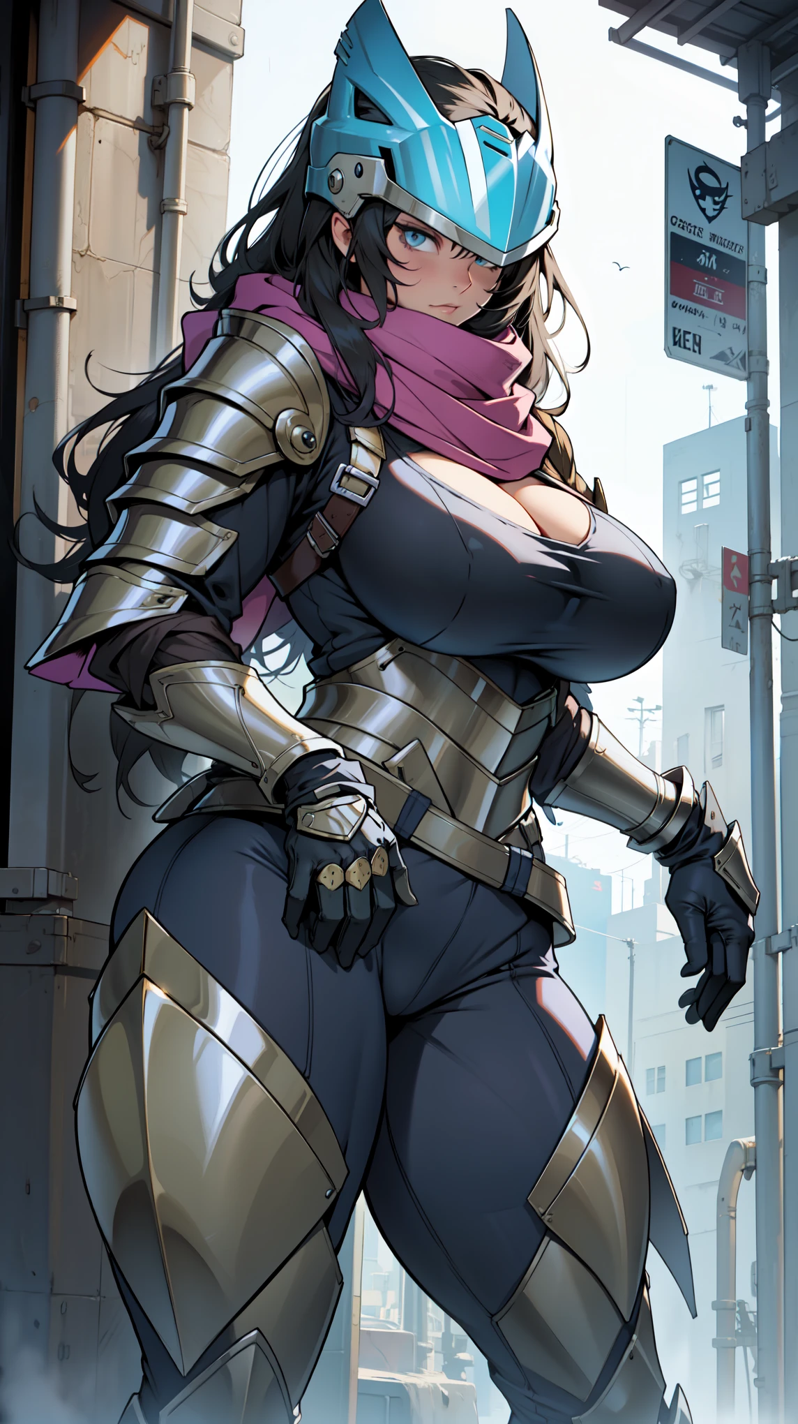 extremely long hair perfect anatomy 1 girl tall solo curvy hoodie perfect body ((scarf)) ((gloves)) perfect hands ((huge tits)) ((sexy)) ((armor)) ((full helmet))