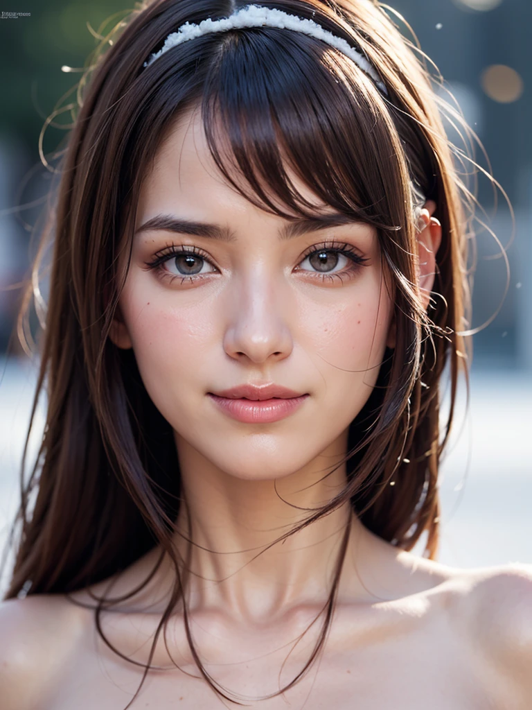 nsfw, Masterpiece, Best Quality, Illustration, Ultra-detailed, finely detail, Hight resolution, 8K Wallpaper, Perfect dynamic composition, cinematic lighting, portrait, looking at viewer, Beautiful detailed eyes, Sexy face, Perfect beautiful hands, Raw real photos, beautiful realistic face, beautiful face, perfect face, highly detailed beautiful face and eyes, attractive face, detailed face, delicate facial features, detailed skin, shiny skin, highly detailed background, BREAK, (gyaru makeup, lash extensions), full-face blush, smile, medium breasts, (public indecency:1.2), wind, (breath, sweat, steam, snow scene:1.2)