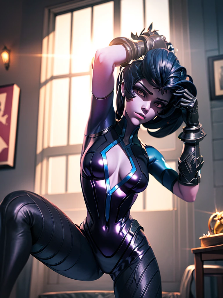 A girl with beautiful detailed eyes, beautiful detailed lips, and an extremely detailed face. 1girl. She is the widowmaker. Her gaze pierces the darkness. The striking contrast between her pale skin and her dark, flowing hair adds to her mysterious aura. She wears a tight-fitting, futuristic black suit that accentuates her graceful figure. The suit is adorned with blue accents that glow with a faint, ethereal light. Her stance is elegant yet poised, as if she is ready to strike at any moment. The background is a dimly lit room with a subtle blue ambiance, enhancing the air of intrigue and danger surrounding her. The image quality is set to (best quality, 4K, highres, masterpiece:1.2). The art style is sleek and stylized, giving it a unique and futuristic feel. The color palette is predominantly cool tones, with shades of blue and gray creating a brooding atmosphere. The lighting is dramatic, with soft, directional light casting intriguing shadows on her face and body.