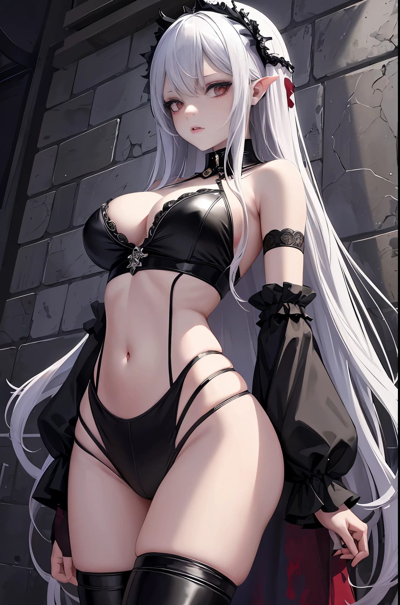 masterpiece, best quality, In winter, night, 4 But, girl, very long hair, There is blood on the face, big breasts, Gothic_Changeta, Change, Sadomasochism, wall, Zombified,Zombie Change and tentacles fuse,Zombie Queen,Black tentacles,Tentacles and legs,hot pants,looking down,