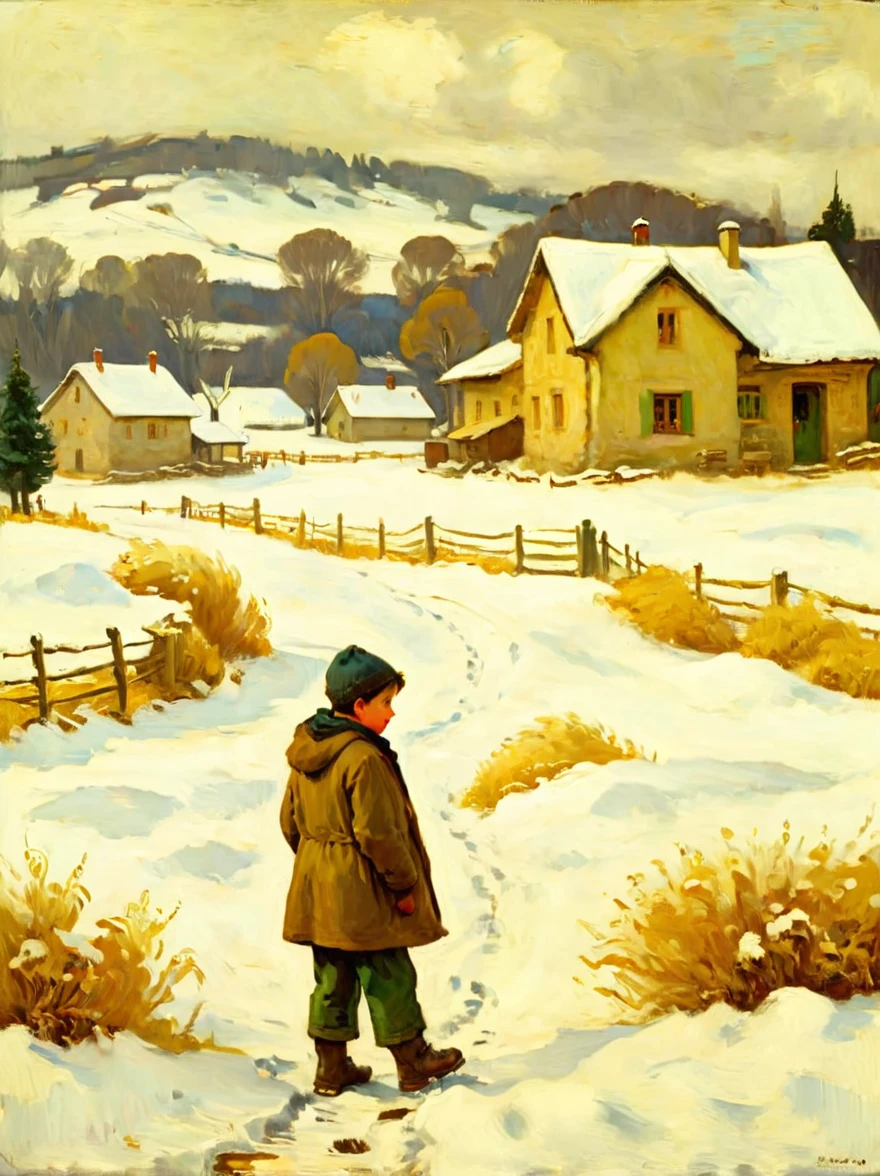 Desolate winter scene in rural environment。The ground is covered with thick snow，Clearly visible footprints lead to a cabin。((A  child stood anxiously at the door of the hut:1.8)，Waiting for father to come home。The child&#39;s posture and expression should convey a sense of desire and anticipation。The background should depict a cold snowy scene，Emphasizing the isolation and stark beauty of the rural winter environment，(close shot:1.8), 8k，Pierre Bonnard Style - Pierre Bonnard, Scene painting, Oil painting in the style of Pierre Bonnard