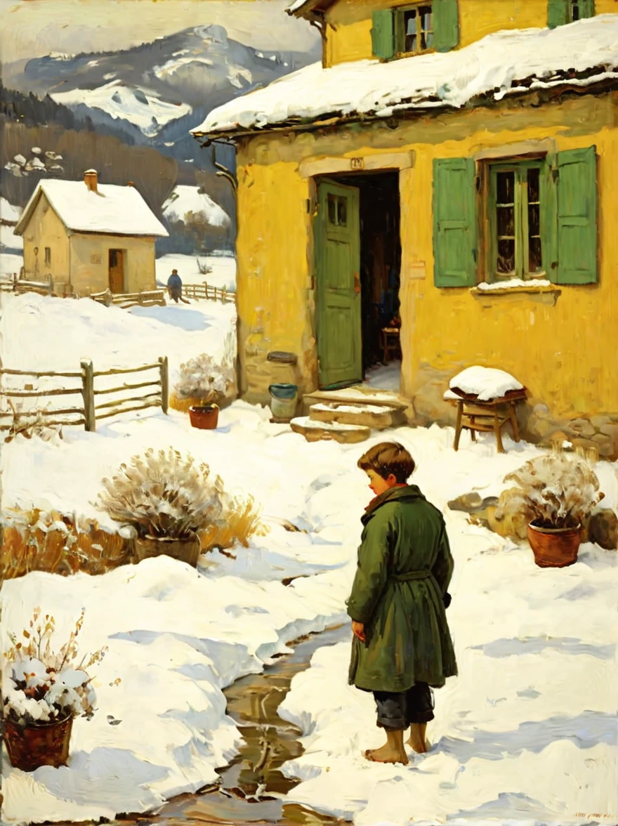 Desolate winter scene in rural environment。The ground is covered with thick snow，Clearly visible footprints lead to a cabin。((A  child stood anxiously at the door of the hut:1.8)，Waiting for father to come home。The child&#39;s posture and expression should convey a sense of desire and anticipation。The background should depict a cold snowy scene，Emphasizing the isolation and stark beauty of the rural winter environment，(close shot:1.8), 8k，Pierre Bonnard Style - Pierre Bonnard, Scene painting, Oil painting in the style of Pierre Bonnard