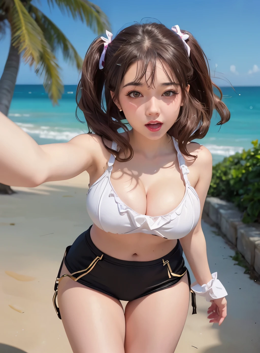 anime girl with big breasts posing on the beach, thicc, oppai, realistic anime 3 d style, oppai proportions, ilya kuvshinov. 4 k, digital anime illustration, semi realistic anime, kawaii realistic portrait, detailed digital anime art, realistic bikini, semi - realistic anime, digital anime art, photorealistic anime, realistic anime art style