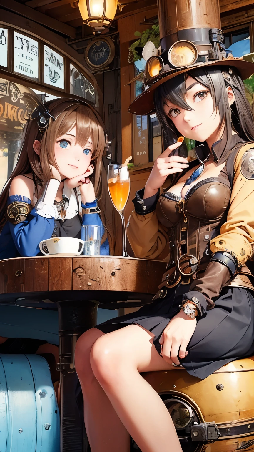 steampunkai。((two girls))。(High school girl in steampunk style)。On the terrace of a coastal coffee shop in a steampunk style、Chatting while drinking a glass of drink。Blue sea background、Blue sky、White cloud。