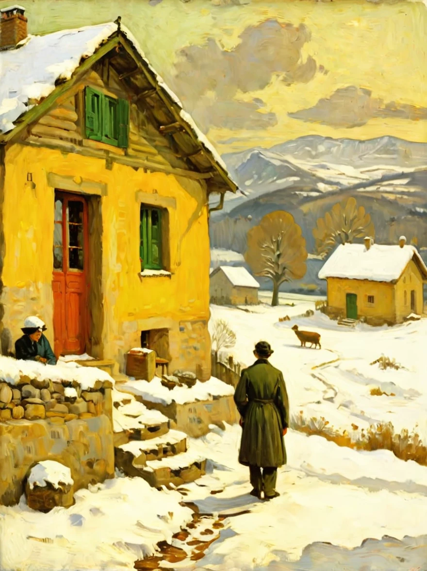 Desolate winter scene in rural environment。The ground is covered with thick snow，Clearly visible footprints lead to a cabin。((A  child stood anxiously at the door of the hut:1.8)，Waiting for father to come home。The child&#39;s posture and expression should convey a sense of desire and anticipation。The background should depict a cold snowy scene，Emphasizing the isolation and stark beauty of the rural winter environment，(close shot:1.8), 8k，Pierre Bonnard Style - Pierre Bonnard, Scene painting, Oil painting in the style of Pierre Bonnard