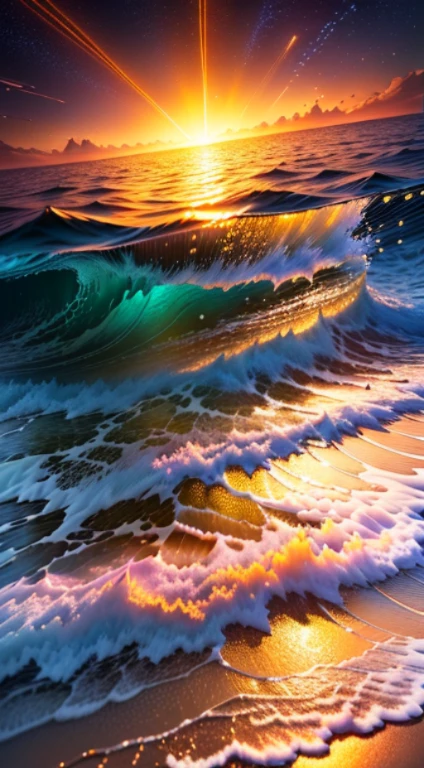 Masterpiece, best quality, Very beautiful reflection., best reflection. (Very detailed CG unity 8k wallpaper.), (best quality), (best illustrations), (best shadow), Masterpiece, best quality, (CG unit wallpaper with 8k very detailed) (best quality), (best illustrations), (best shadow) golden waves, sunset, bright orange AOL sunset through the waves, Golden water drops that can fly, (:1.6) and glow particle effect, (natural elements), (glow), (particle effect). , 3D isometric, Octane rendering, Ray Tracing, Extremely detailed