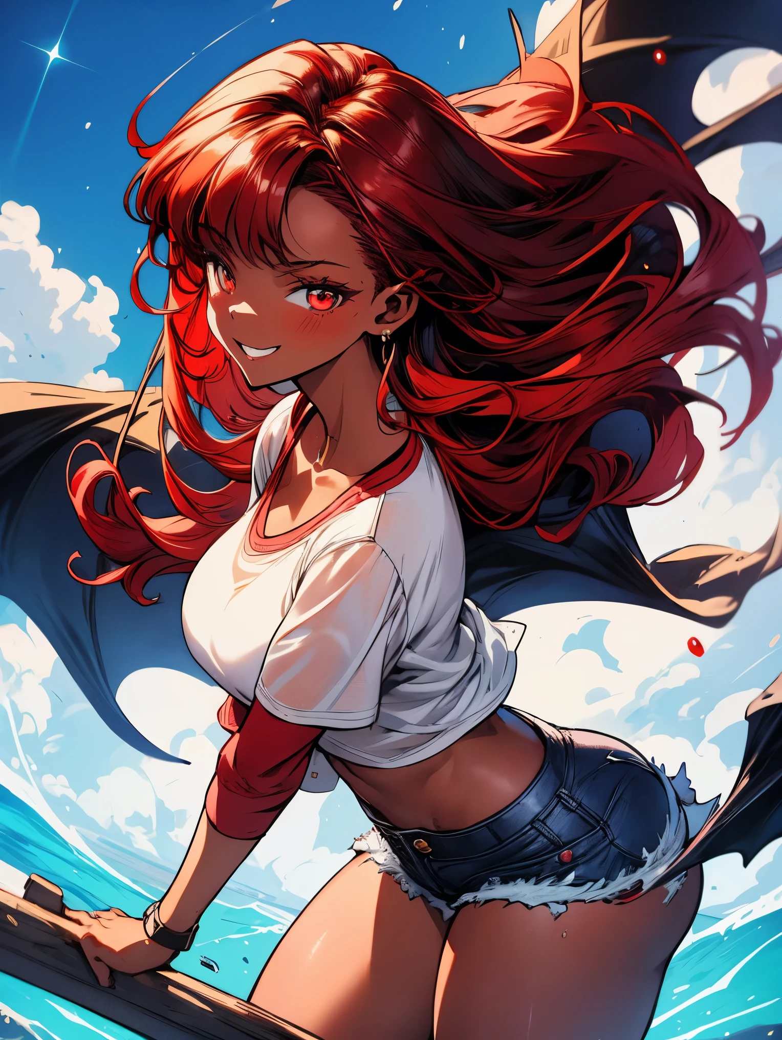 1girl, solo, best quality, 4k, masterpiece, best quality, demon, best quality, beautiful face with a smirk, dark brown skin, curvy, big breasts, big ass, red hair, wet white shirt partially open, short shorts
