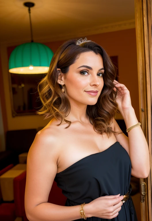 cheveux bruns ondulés et mi-long, (Photo brute, le réalisme: 1.3), (Brillant à lèvres, rouge à lèvres, beaucoup de cils, fard à paupières noir foncé, Timide, Rougir, Haute qualité, haute résolution, profondeur de champ, aberration chromatique, caustique, Lumière large, couleurs naturelles, femme de 35 ans), bracelets, porter de nombreux accessoires, style Une bonne femme, belle peau, Belles jambes, beaucoup d'exposition, Ligne du corps fine, Des lèvres qui donnent envie de s’embrasser, debout, style photo de profil, regarde dans les yeux, de face, classe, élégance