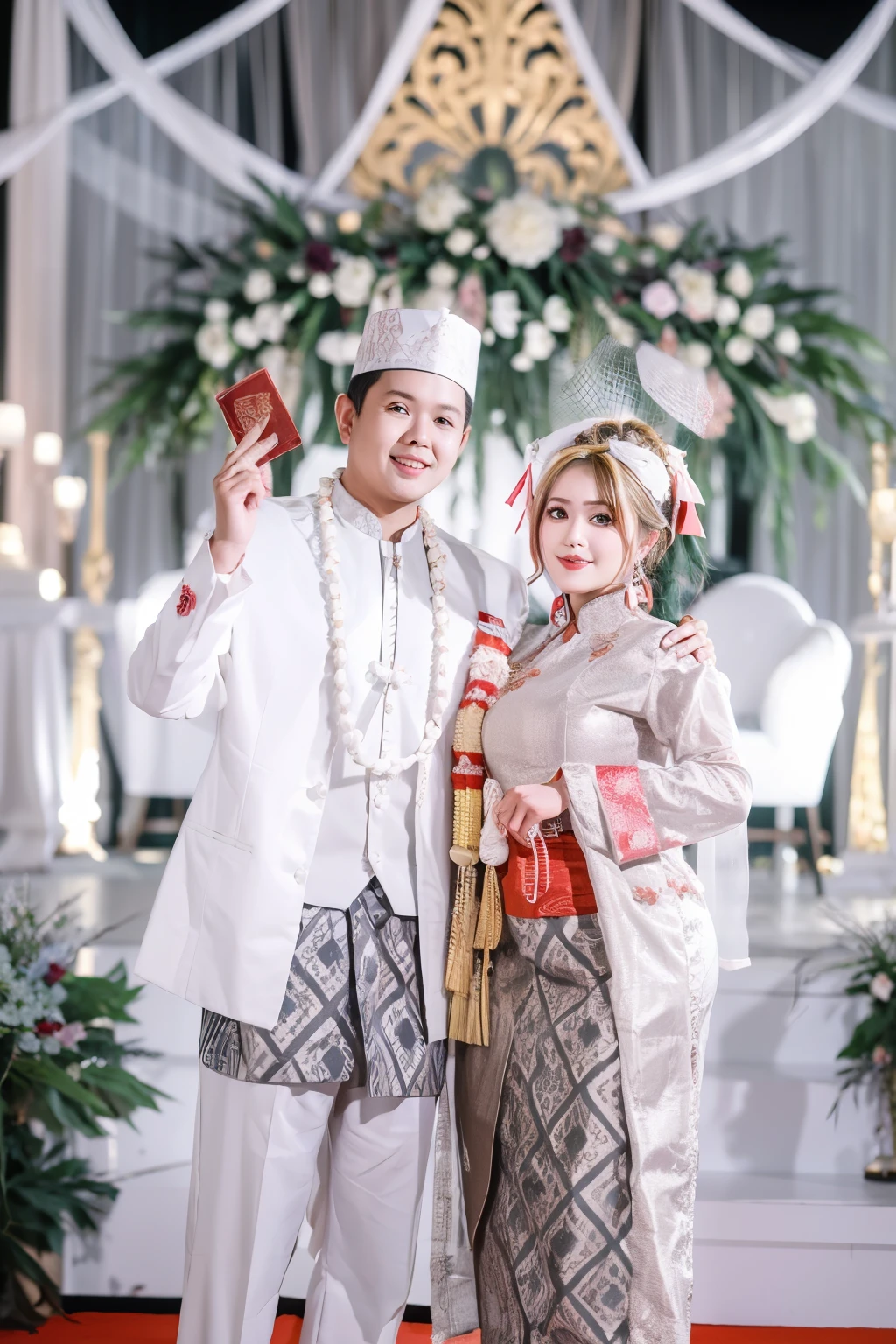 there are two people standing next to each other on a stage, happy couple, wedding, lovely couple, by Basuki Abdullah, couple, groom, profesional photography, wedding photography, luxurious wedding, emir, wedding photo, bride and groom, full protrait, bride, traditional, wearing traditional garb, traditional clothes, potrait, batik, decoration