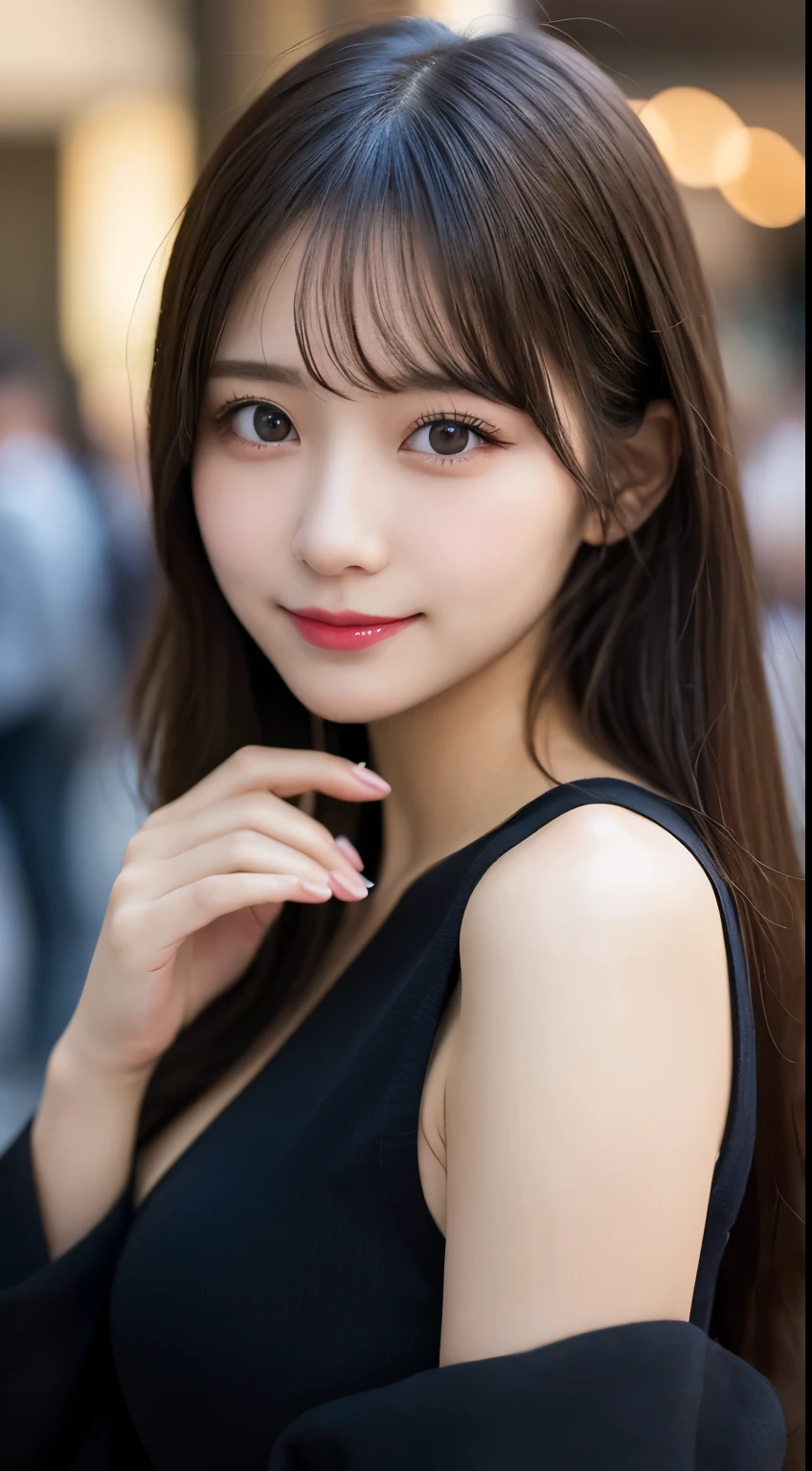table top, highest quality, shape, Super detailed, finely, High resolution, 8k wallpaper, 完璧なダイナミックな構shape, beautiful and detailed eyes,medium hair,small breasts,natural color lip, bold sexy pose,smile、20 year old girl、cute、sexy shot looking at camera,Random costume latest Tokyo winter clothes)beautiful detailed face,Beautiful detailed double eyelids,small face,perfect and beautiful face,very cute face,Blur background