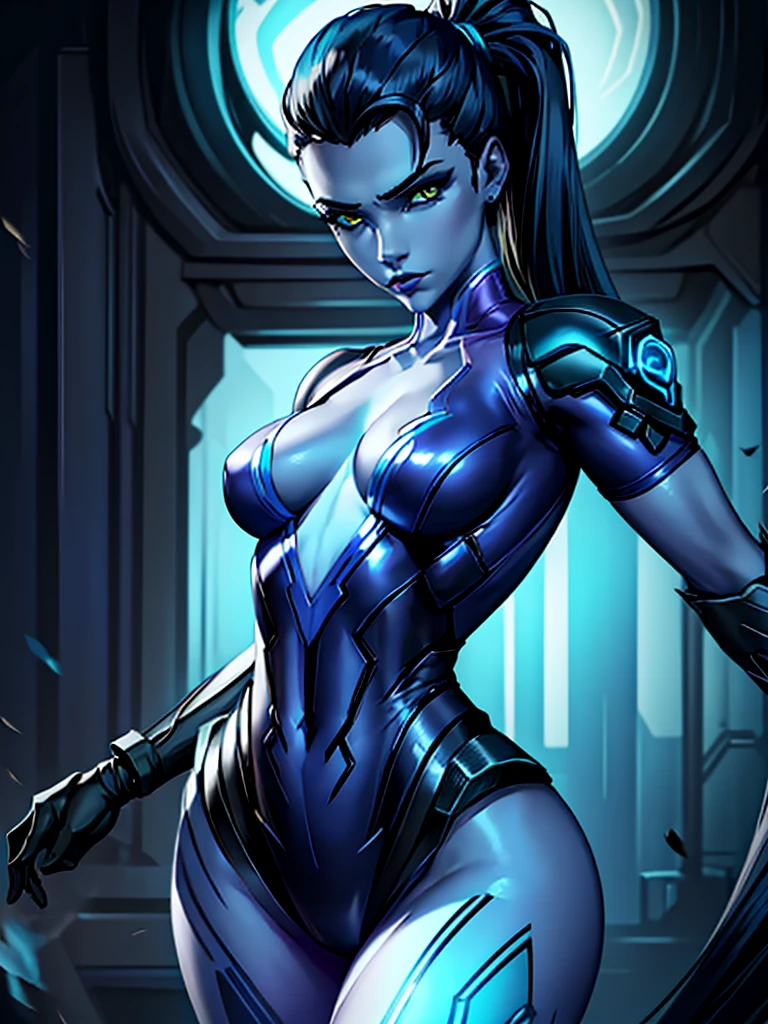 A girl with beautiful detailed eyes, beautiful detailed lips, and an extremely detailed face. 1girl. She is the widowmaker. Her gaze pierces the darkness. The striking contrast between her pale skin and her dark, flowing hair adds to her mysterious aura. She wears a tight-fitting, futuristic black suit that accentuates her graceful figure. The suit is adorned with blue accents that glow with a faint, ethereal light. Her stance is elegant yet poised, as if she is ready to strike at any moment. The background is a dimly lit room with a subtle blue ambiance, enhancing the air of intrigue and danger surrounding her. The image quality is set to (best quality, 4K, highres, masterpiece:1.2). The art style is sleek and stylized, giving it a unique and futuristic feel. The color palette is predominantly cool tones, with shades of blue and gray creating a brooding atmosphere. The lighting is dramatic, with soft, directional light casting intriguing shadows on her face and body.