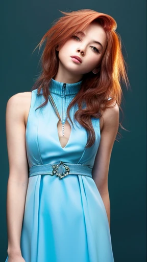 A woman with long red hair and a slim figure Sleeveless light blue dress The expression is cool