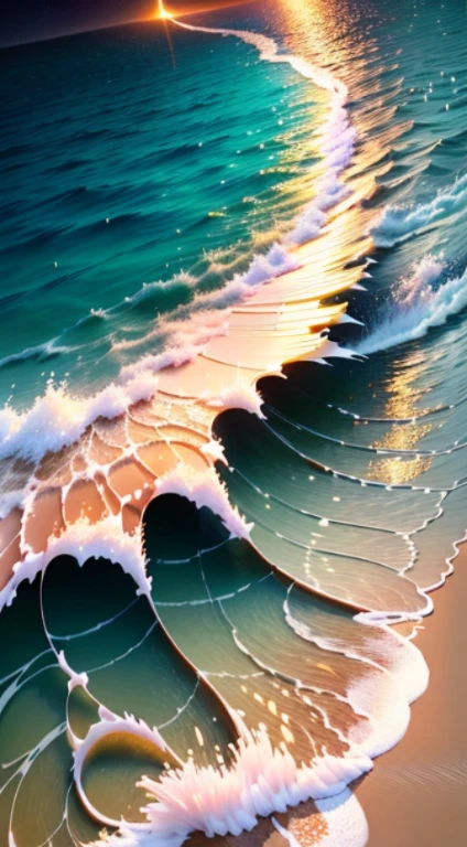 Masterpiece, best quality, Very beautiful reflection., best reflection. (Very detailed CG unity 8k wallpaper.), (best quality), (best illustrations), (best shadow), Masterpiece, best quality, (CG unit wallpaper with 8k very detailed) (best quality), (best illustrations), (best shadow) golden waves, sunset, bright orange AOL sunset through the waves, Golden water drops that can fly, (:1.6) and glow particle effect, (natural elements), (glow), (particle effect). , 3D isometric, Octane rendering, Ray Tracing, Extremely detailed