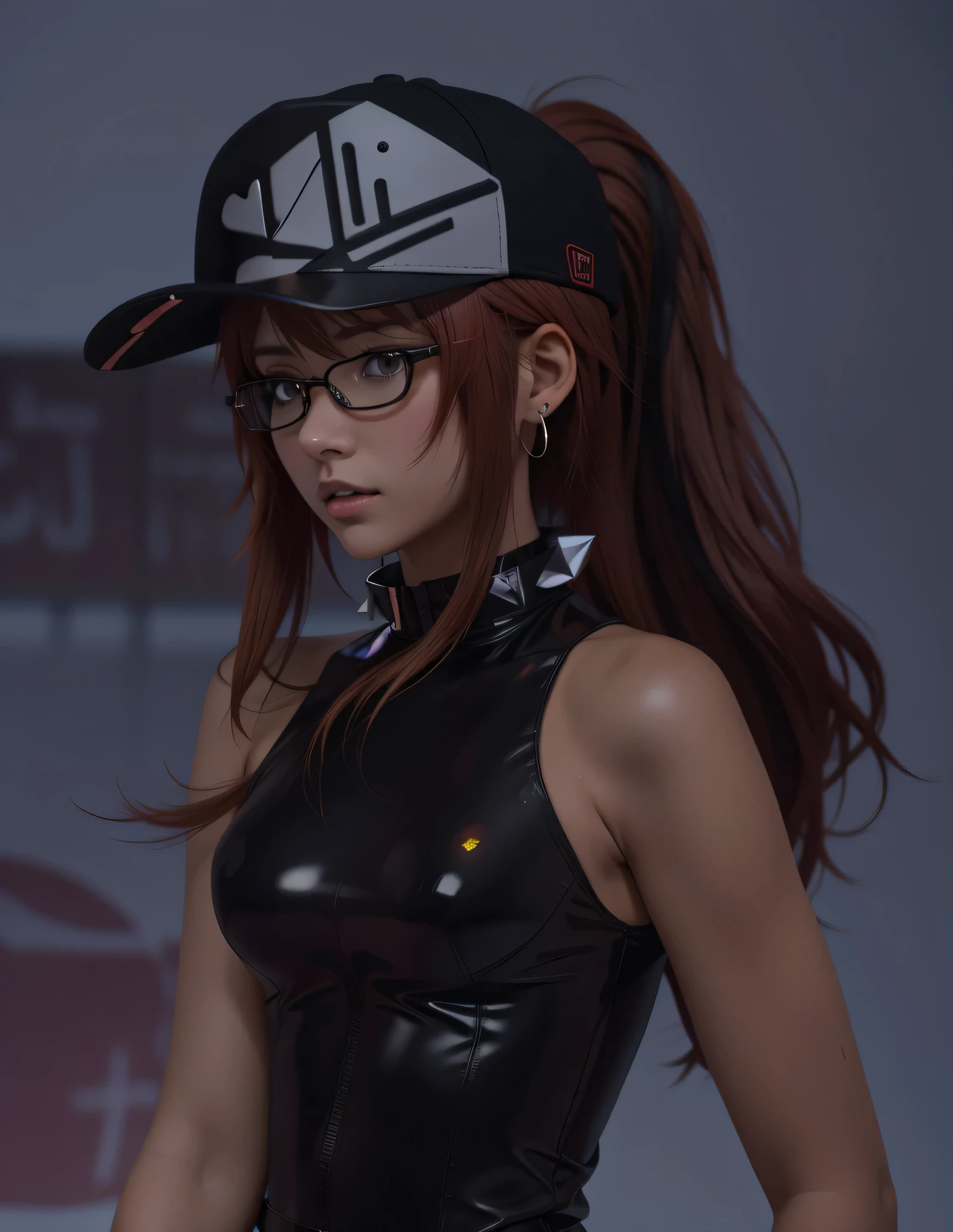 anime girl with glasses and a baseball cap, rendered in sfm, female protagonist, asuka suit under clothes!, character close up, close up character, hints of yayoi kasuma, character close-up, asuka, wearing shiny leather, close up half body shot, full body close-up shot, glasses, red hoop earring, spike collar, yellow-orange eyes, (best quality), (masterpiece)