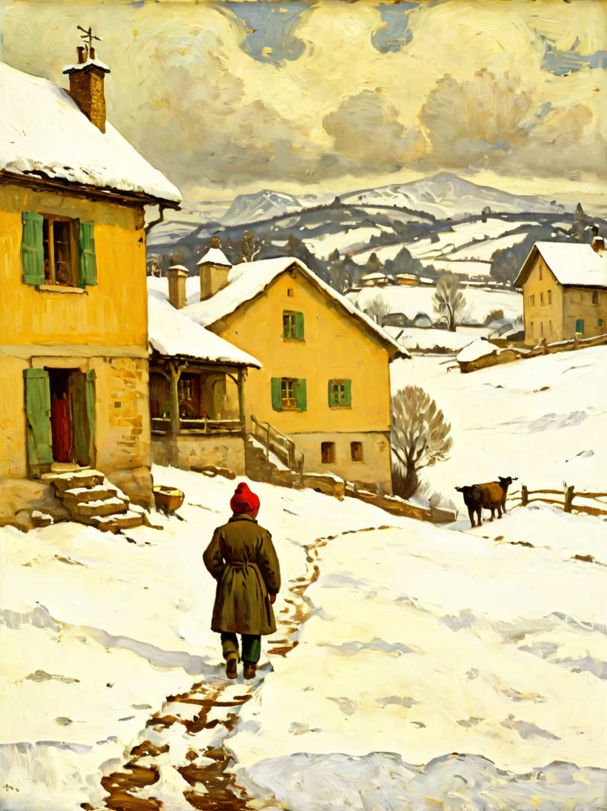 Desolate winter scene in rural environment。The ground is covered with thick snow，Clearly visible footprints lead to a cabin。((A  child stood anxiously at the door of the hut，eyes on the audience:1.8)，（The child&#39;s posture and expression should convey a sense of desire and anticipation）。cold snow scene，The isolation and stark beauty of a rural winter environment，(close shot:1.8), 8k，Pierre Bonnard Style - Pierre Bonnard, Scene painting, Oil painting in the style of Pierre Bonnard