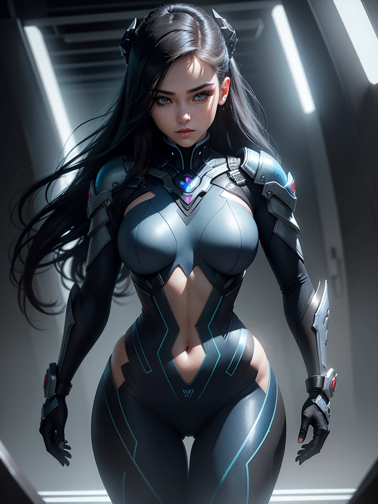 A girl with beautiful detailed eyes, beautiful detailed lips, and an extremely detailed face. 1girl. She is the widowmaker. Her gaze pierces the darkness. The striking contrast between her pale skin and her dark, flowing hair adds to her mysterious aura. She wears a tight-fitting, futuristic black suit that accentuates her graceful figure. The suit is adorned with blue accents that glow with a faint, ethereal light. Her stance is elegant yet poised, as if she is ready to strike at any moment. The background is a dimly lit room with a subtle blue ambiance, enhancing the air of intrigue and danger surrounding her. The image quality is set to (best quality, 8K, ultra HD, highres, masterpiece:1.2). The art style is sleek and stylized, giving it a unique and futuristic feel. The color palette is predominantly cool tones, with shades of blue and gray creating a brooding atmosphere. The lighting is dramatic, with soft, directional light casting intriguing shadows on her face and body.