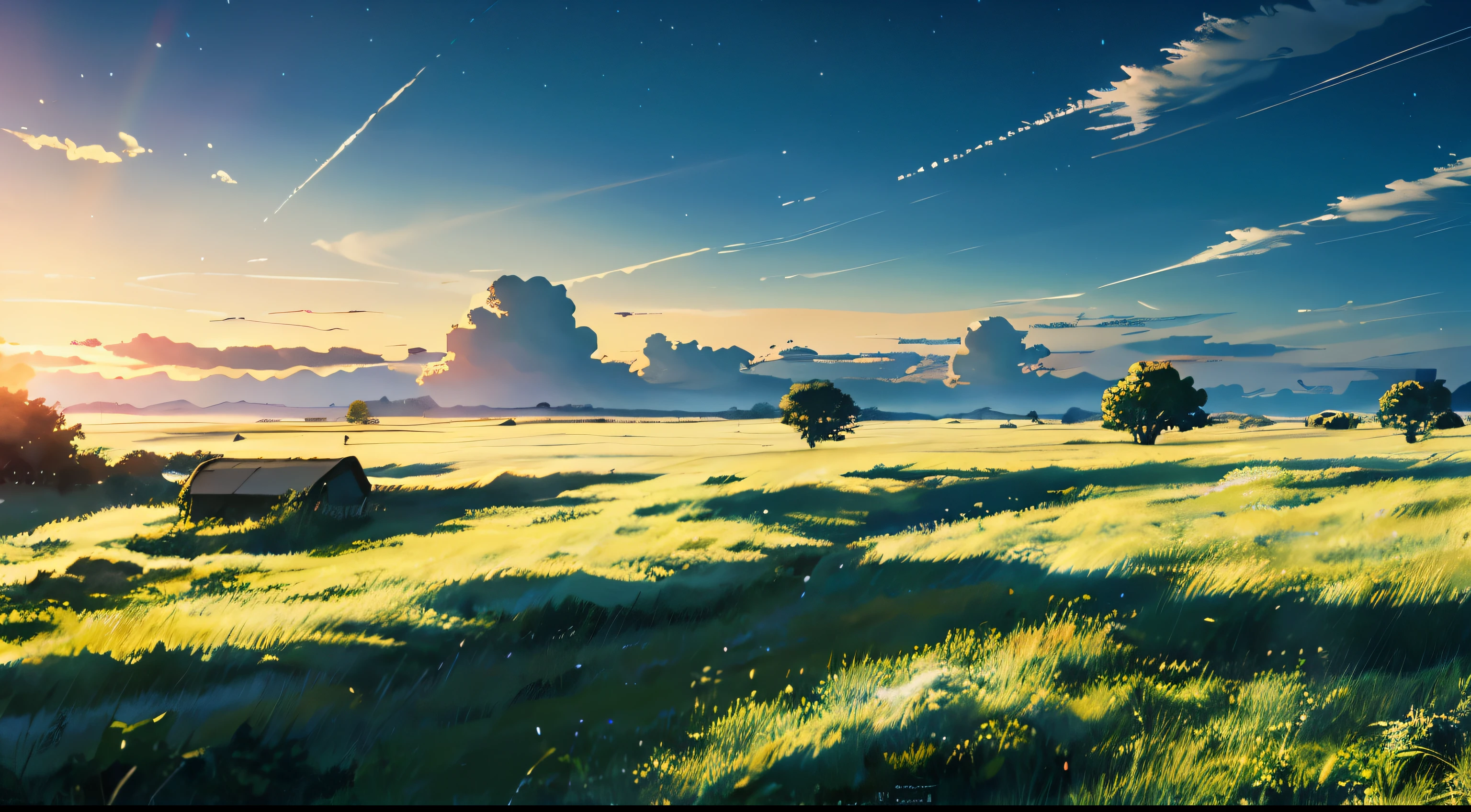 vast sky, beautiful skyline, wide grassland, moving visual effects, hanging north star, colorful natural light.