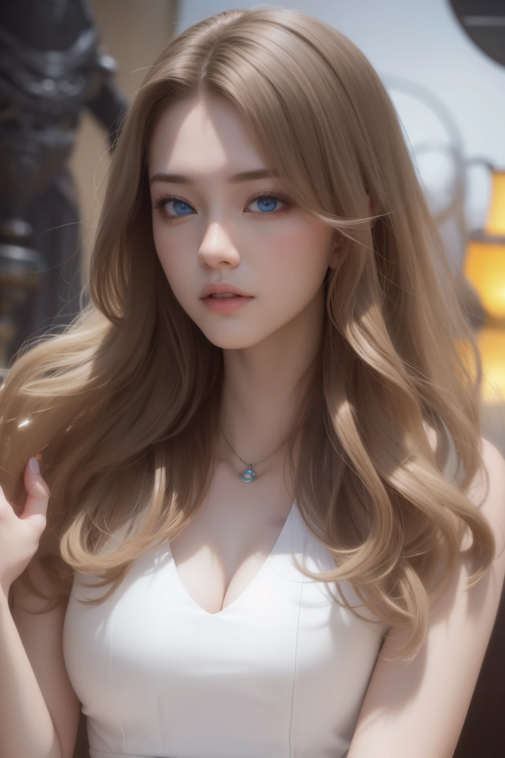 Beautiful big breastokeh), indoors, detailed luxury living room, gentle and charming beautiful goddess, Korean(kpop-idol), solo, necklace, oval face, double eyelids, smart, good hands, good feet, Natural, (from below angle), (glossy skin:1.05), ((low angle)), Perfect figure, (64k, UHD, RAW photo, best quality, masterpiece:1.4), (realistic, photo-realistic:1.37), ultra high res, photon mapping, radiosity, physically-based rendering, professional soft lighting, blue eyes, purpel hair
