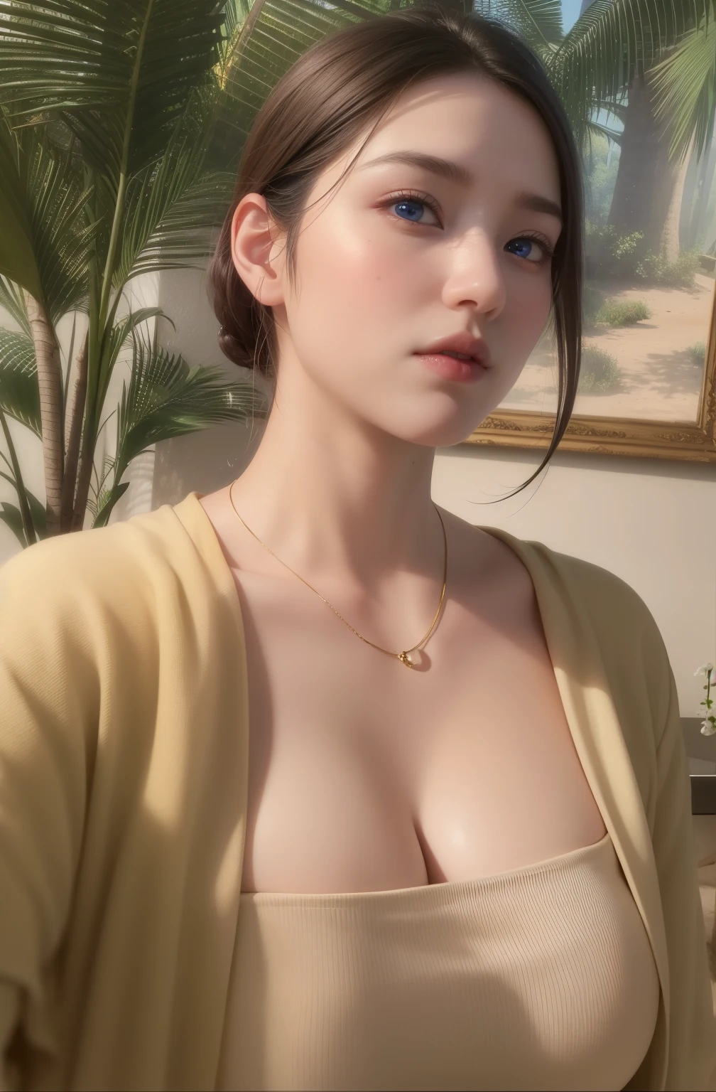 Beautiful big breastokeh), indoors, detailed luxury living room, gentle and charming beautiful goddess, Korean(kpop-idol), solo, necklace, oval face, double eyelids, smart, good hands, good feet, Natural, (from below angle), (glossy skin:1.05), ((low angle)), Perfect figure, (64k, UHD, RAW photo, best quality, masterpiece:1.4), (realistic, photo-realistic:1.37), ultra high res, photon mapping, radiosity, physically-based rendering, professional soft lighting, blue eyes, purpel hair