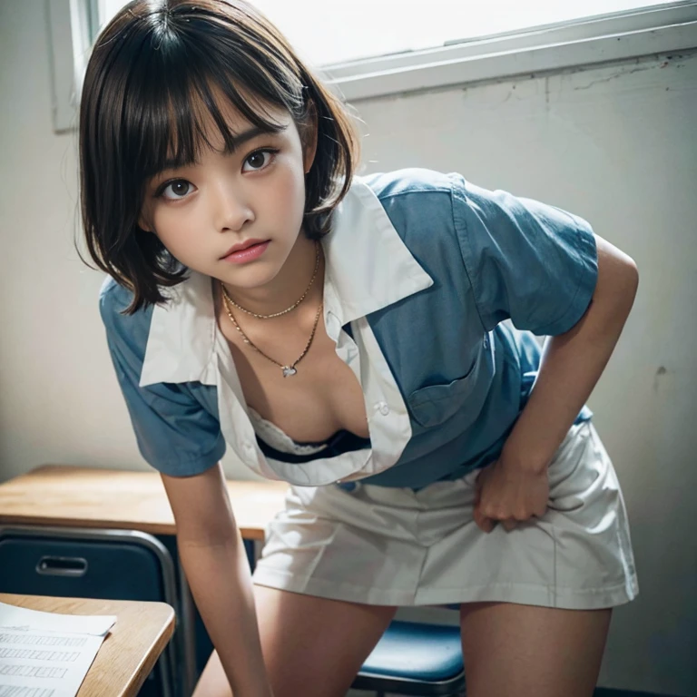 Downblouse, 15 years old school girl , munechira,(((small breasts))), looking away, leaning forward,bending over , from side above , close up, necklace ,in classroom,short sleeved button school shirt, within decolated detailed bra , short hair,sitting on chair and writing in notepad,,8K, Best Quality, Masterpiece, Ultra High Resolution, (Realism: 1.4), Original Photo, (True Skin Texture: 1.3