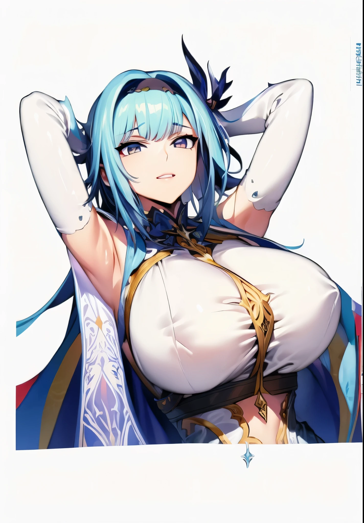 1girl,solo,looking at viewer, (simple background, white background), eula (genshin impact), blue medium hair, (naked), nipples, pussy, large breasts, big breasts, smile, detailed, ambar eyes, thighs, detailed face, 