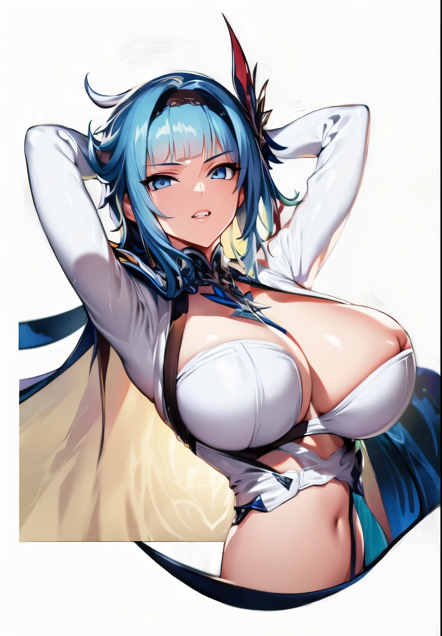 1girl,solo,looking at viewer, (simple background, white background), eula (genshin impact), blue medium hair, (naked), nipples, pussy, large breasts, big breasts, smile, detailed, ambar eyes, thighs, detailed face, 