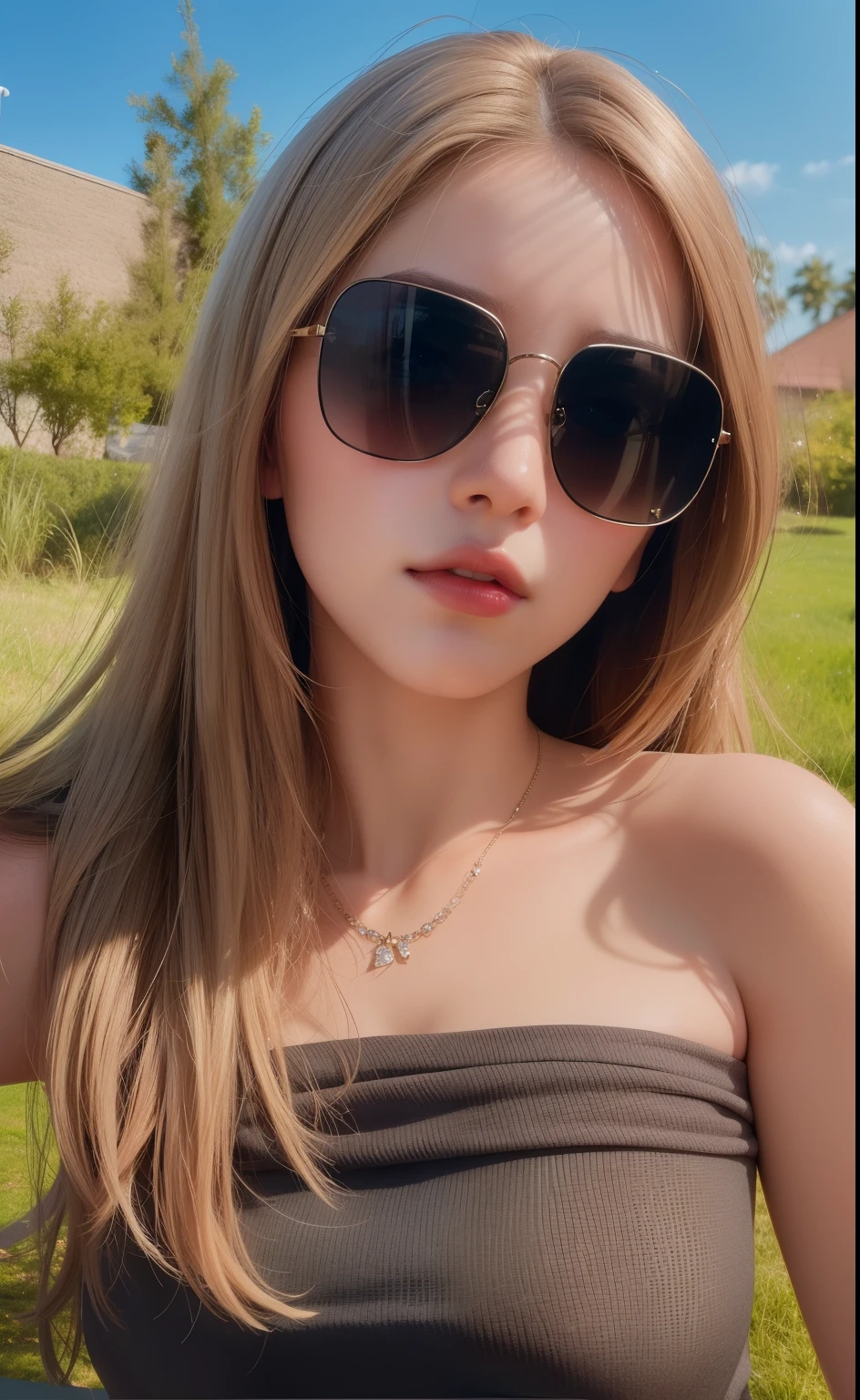 Beautiful big breastokeh), indoors, detailed luxury living room, gentle and charming beautiful goddess, Korean(kpop-idol), solo, necklace, oval face, double eyelids, smart, good hands, good feet, Natural, (from below angle), (glossy skin:1.05), ((low angle)), Perfect figure, (64k, UHD, RAW photo, best quality, masterpiece:1.4), (realistic, photo-realistic:1.37), ultra high res, photon mapping, radiosity, physically-based rendering, professional soft lighting, blue eyes, purpel hair, sunglasses