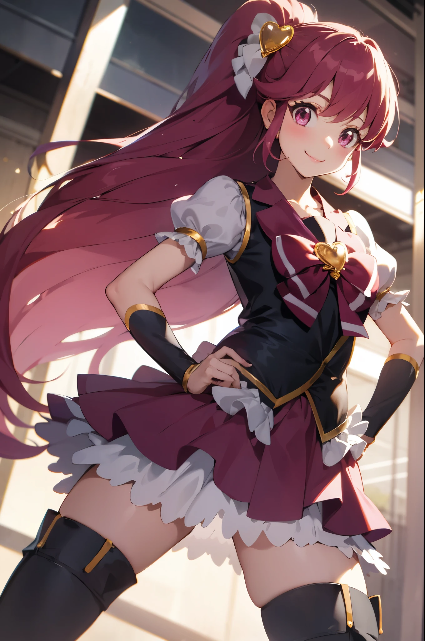 masterpiece, best quality, absurdres, perfect anatomy, 1girl, solo, CureLovely, vest, pink bow, heart brooch, wrist cuffs, pink skirt, heart hair ornament, puffy sleeves, thigh boots, hands on hips, smile, 