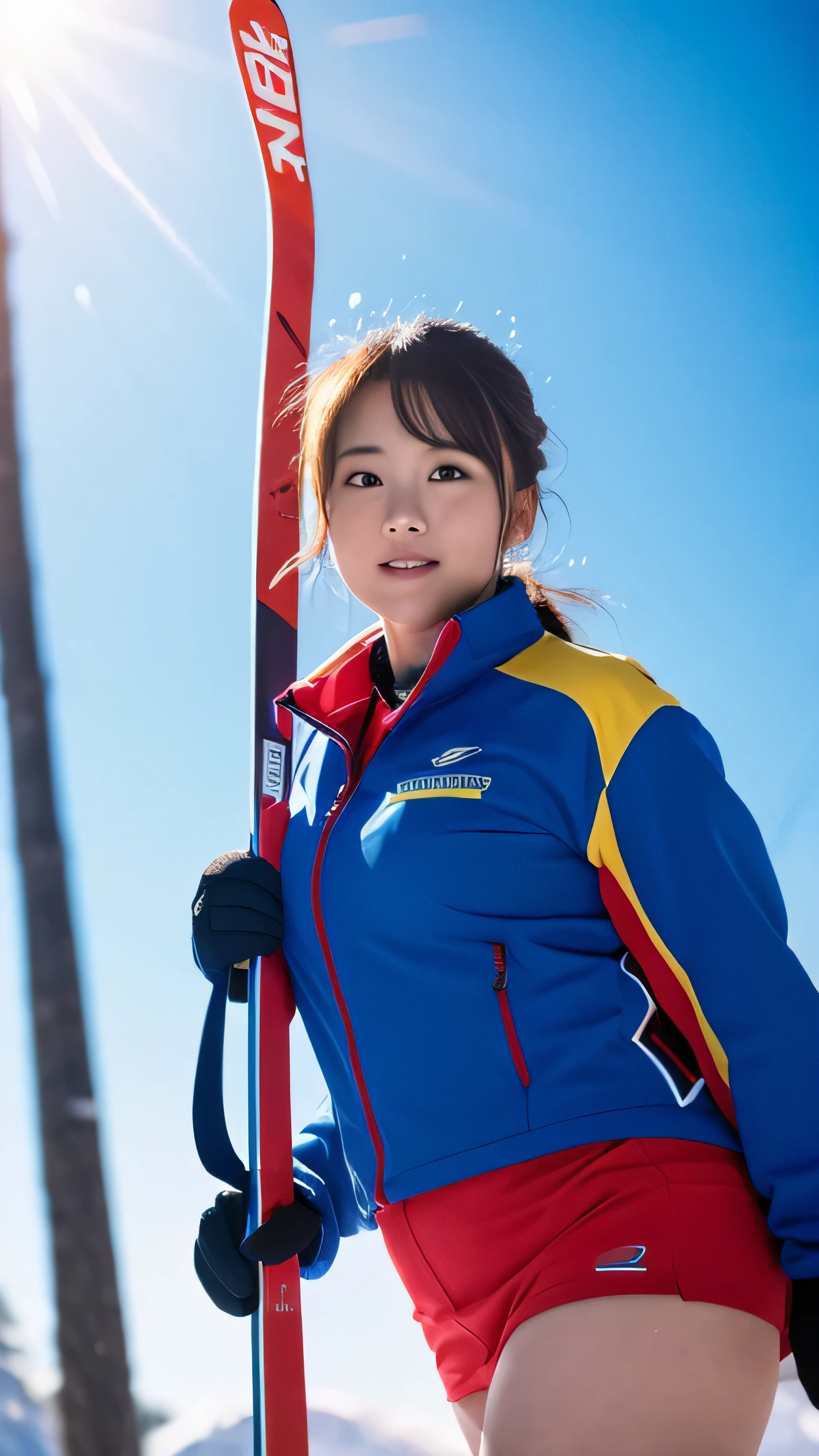 1 female, Overweight, ski uniform, extremely fat, Chubby, Japanese, 4K, High resolution, masterpiece, highest quality, fine skin, sharp focus, (cinematic lighting)