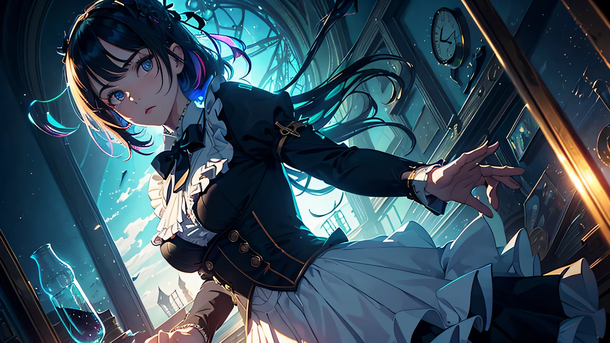 ((figure)), ((floating hair)), ((chromatic aberration)), ((caustic)), Lens flare, dynamic angle, ((portrait)), (1 girl), ((alone)), cute face, ((hidden hand)), 非対称の前hair, (beautiful and fine eyes), eye shadow, ((huge clocks)), ((glass strips)), (floating glass fragments), ((colorful refraction)), (beautiful and detailed sky), ((dark intense shadow)), ((cinematic lighting)), ((exposed exposed)), (Expressionless), gaping face, big sleeves, ((frills)), hair_ornament, ribbon, A bow tie, button, (((small breasts))), pleated skirt, ((sharp focus)), ((masterpiece)), (((highest quality))), ((very detailed)), colorful, HDR
