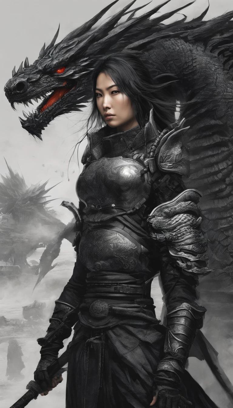 Female strong japanese warrior with armor and a black dragon behind her