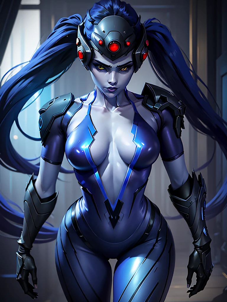 A girl with beautiful detailed eyes, beautiful detailed lips, and an extremely detailed face. 1girl. She is the widowmaker. Her gaze pierces the darkness. The striking contrast between her pale skin and her dark, flowing hair adds to her mysterious aura. She wears a tight-fitting, futuristic black suit that accentuates her graceful figure. The suit is adorned with blue accents that glow with a faint, ethereal light. Her stance is elegant yet poised, as if she is ready to strike at any moment. The background is a dimly lit room with a subtle blue ambiance, enhancing the air of intrigue and danger surrounding her. The image quality is set to (best quality, 8K, ultra HD, highres, masterpiece:1.2). The art style is sleek and stylized, giving it a unique and futuristic feel. The color palette is predominantly cool tones, with shades of blue and gray creating a brooding atmosphere. The lighting is dramatic, with soft, directional light casting intriguing shadows on her face and body.