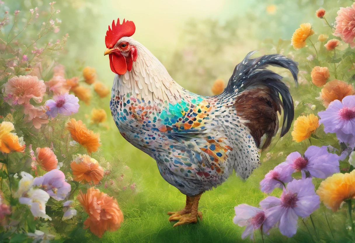 (speckled chicken, speckled chicken, beautiful speckled chicken), (in grass and flowers, among grass, flowers and bushes), (illustration, digital illustration), (super-detailed, exquisite detail), (high resolution), (realistic, as in life), (stunning colors, bright colors), (warm lighting, soft warm lighting)