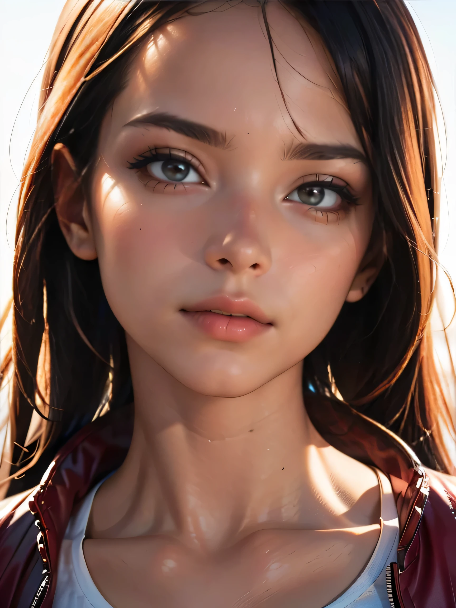 (((HD photo))), ultra high res.photorealistic:. 1.4, UHD, masterpiece, trending on artstation, frontal shot, close up, portrait, pretty, cute girl, most beautiful in the world, perfect hips, soft, delicate, long dark hair, large breasts, leather windbreaker, sunkissed, minimal background