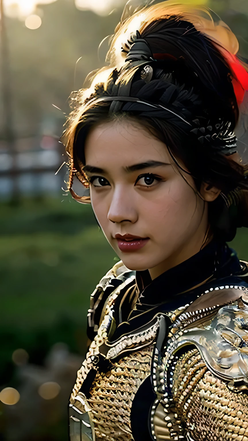 [ : (high detail face)], (Pure Eros Face in 1:0.8), ((Body Portrait)), pores, real skin, hair band, flying hair, (black hair), Ancient headdress, hairpin, affectionate eyes, shining eyes, beautiful scene, Shadow, Backlight, Cinematic perfect light with soft natural volume, film grain, Zukzia, chinese armor, sword, Architecture of China, grassland, wood, close-up portrait, sexy, masterpiece, 最high quality, high quality, High resolution