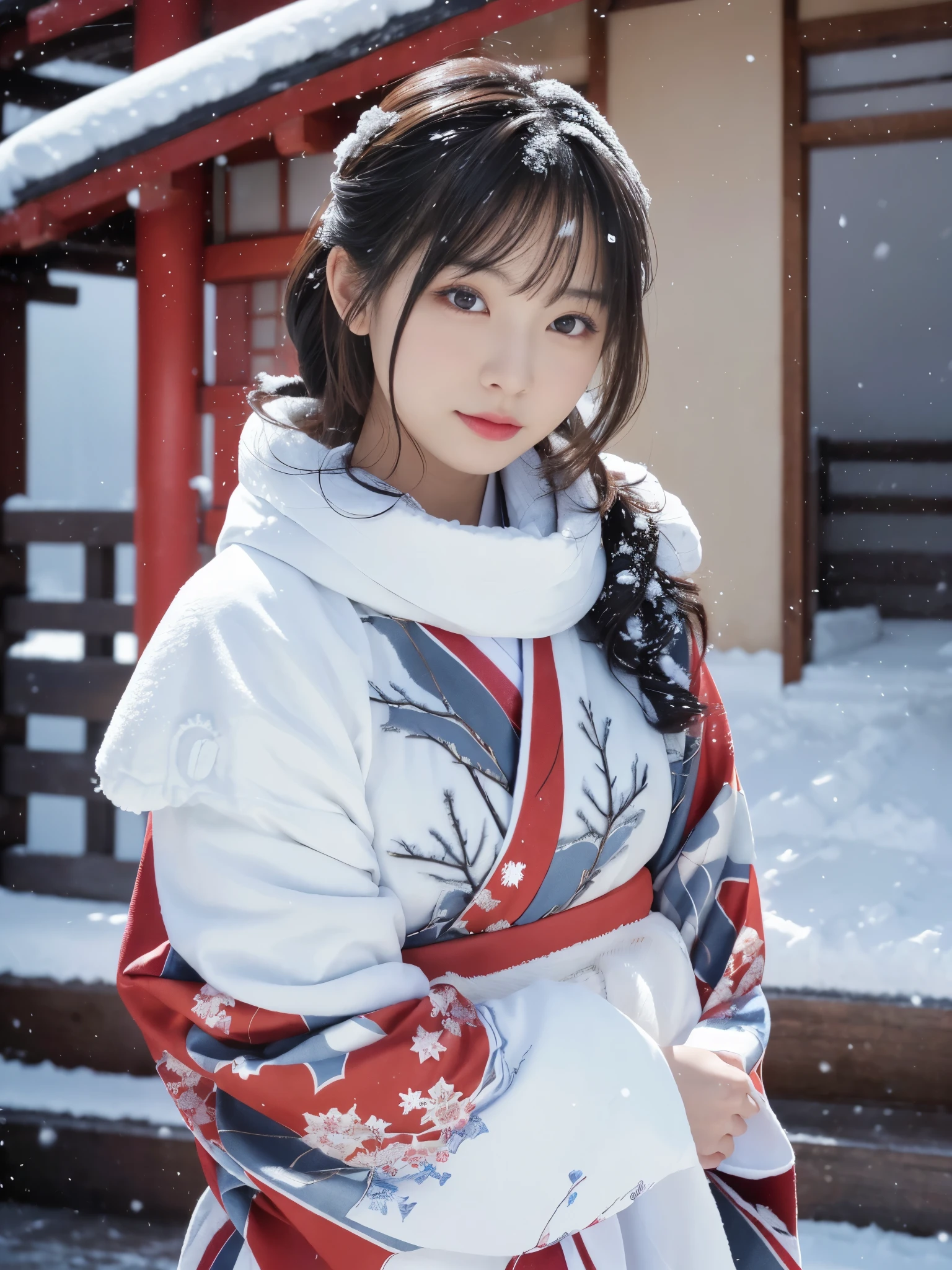 (kimono)、、(highest quality,masterpiece:1.3,Super high resolution,),(super detailed,caustics),(Photoreal:1.4,RAW shooting,)ultra-realistic capture,very detailed,High resolution 16K resolution for human skin、 Natural skin texture、、Skin looks even-toned and healthy、 Use natural light and color,one woman,Japanese,,cute,black haired,middle hair,(Depth of bounds written、chromatic aberration、、wide range of lighting、natural shading、)、、(falling snow:1.3)、(hair swaying in the wind:1.2)、(Snow reflects light:1.3)